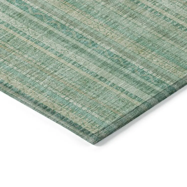 9' X 12' Aqua Beige And Teal Blue Striped Washable Indoor Outdoor Area Rug