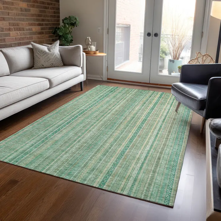 9' X 12' Aqua Beige And Teal Blue Striped Washable Indoor Outdoor Area Rug