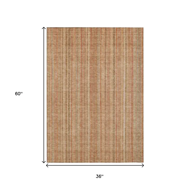 3' X 5' Rust Beige And Linen Striped Washable Indoor Outdoor Area Rug