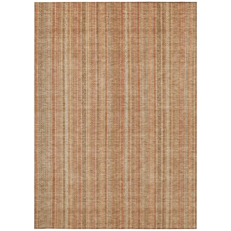 5' X 8' Rust Beige And Linen Striped Washable Indoor Outdoor Area Rug