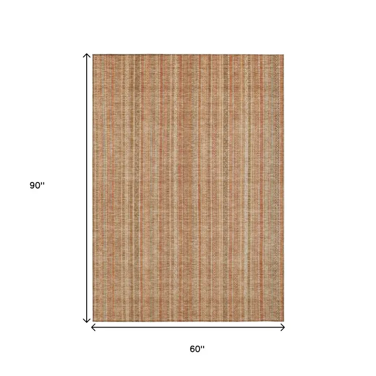 5' X 8' Rust Beige And Linen Striped Washable Indoor Outdoor Area Rug