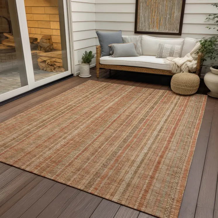 5' X 8' Rust Beige And Linen Striped Washable Indoor Outdoor Area Rug