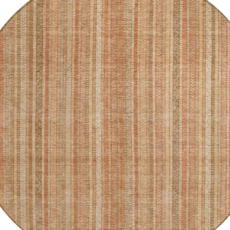 8' Rust Beige And Linen Round Striped Washable Indoor Outdoor Area Rug