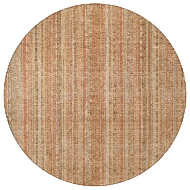 8' Rust Beige And Linen Round Striped Washable Indoor Outdoor Area Rug