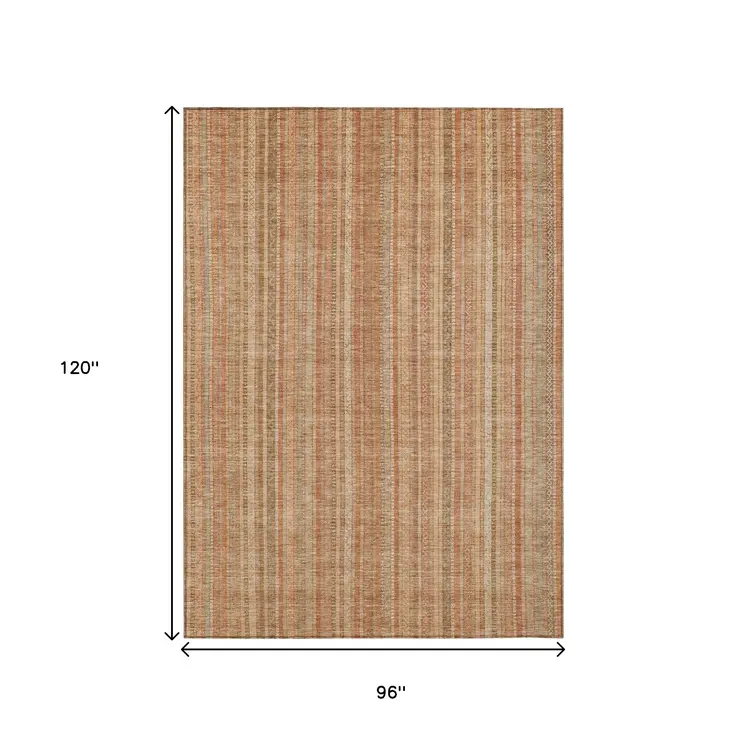 8' X 10' Rust Beige And Linen Striped Washable Indoor Outdoor Area Rug