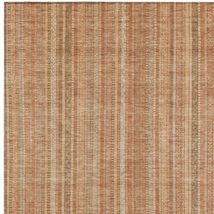 8' X 10' Rust Beige And Linen Striped Washable Indoor Outdoor Area Rug