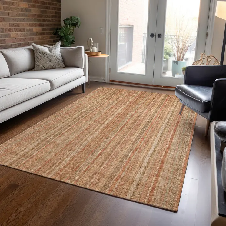 8' X 10' Rust Beige And Linen Striped Washable Indoor Outdoor Area Rug