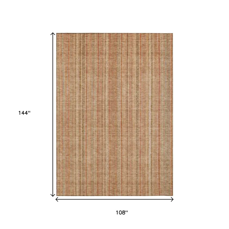 9' X 12' Rust Beige And Linen Striped Washable Indoor Outdoor Area Rug