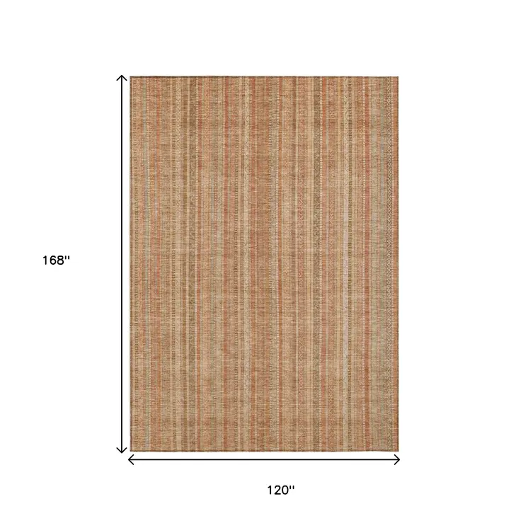 10' X 14' Rust Beige And Linen Striped Washable Indoor Outdoor Area Rug