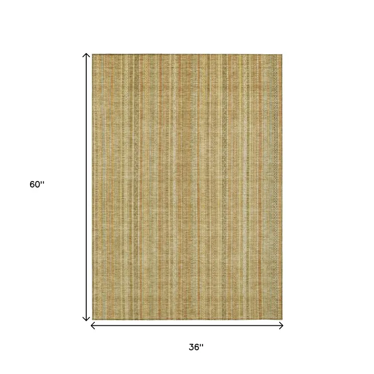 3' X 5' Wheat Gold And Beige Striped Washable Indoor Outdoor Area Rug