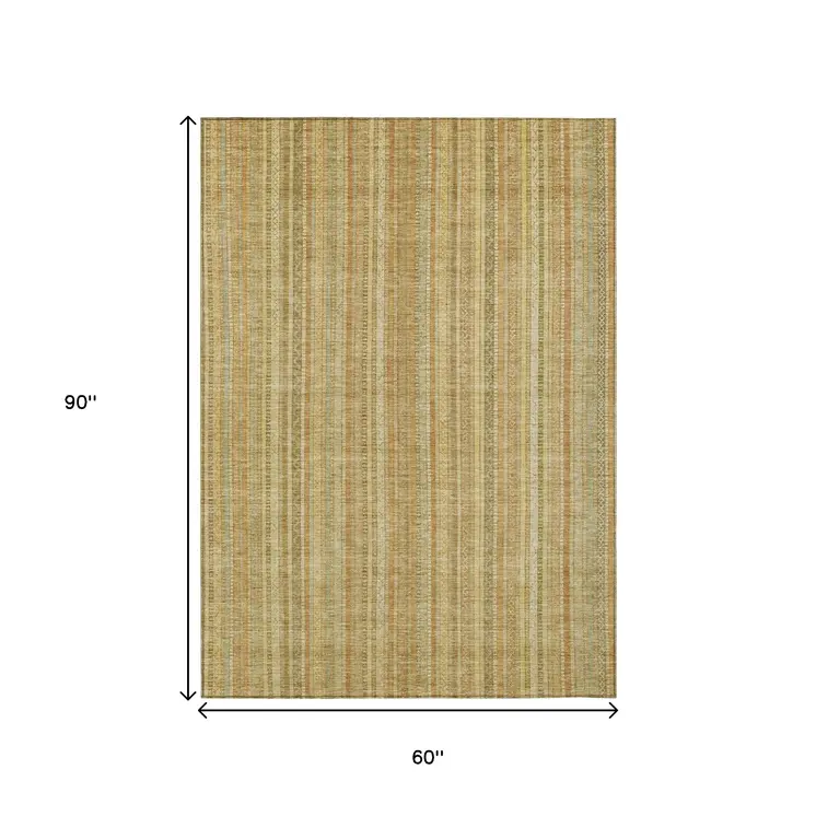 5' X 8' Wheat Gold And Beige Striped Washable Indoor Outdoor Area Rug
