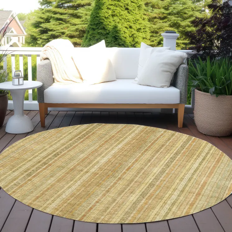 8' Wheat Gold And Beige Round Striped Washable Indoor Outdoor Area Rug