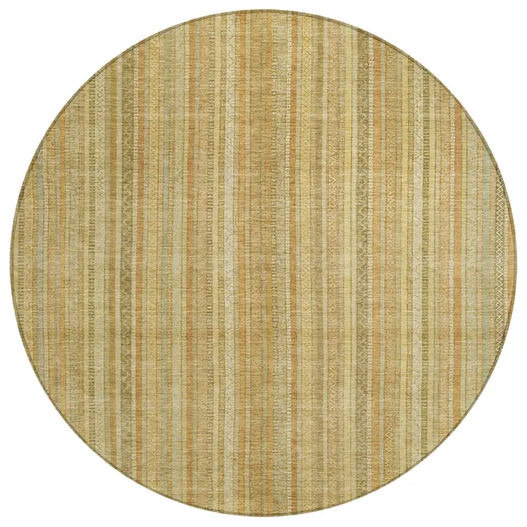 8' Wheat Gold And Beige Round Striped Washable Indoor Outdoor Area Rug