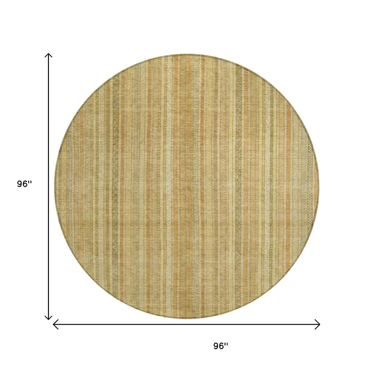8' Wheat Gold And Beige Round Striped Washable Indoor Outdoor Area Rug