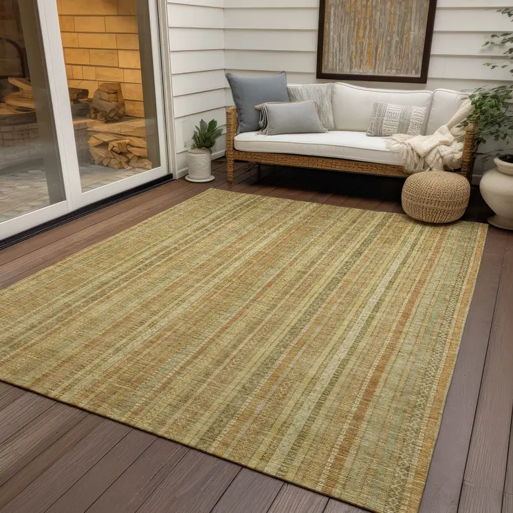9' X 12' Wheat Gold And Beige Striped Washable Indoor Outdoor Area Rug