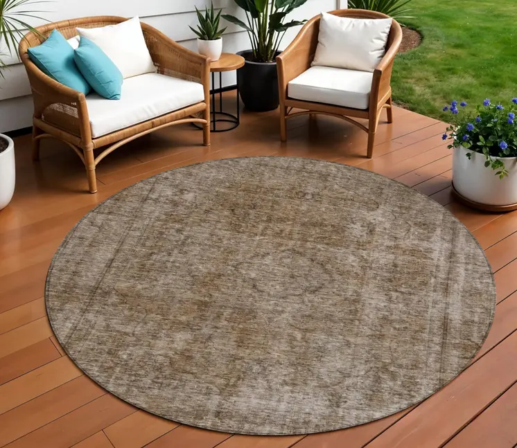 8' Brown And Beige Round Medallion Washable Indoor Outdoor Area Rug