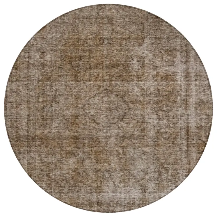 8' Brown And Beige Round Medallion Washable Indoor Outdoor Area Rug