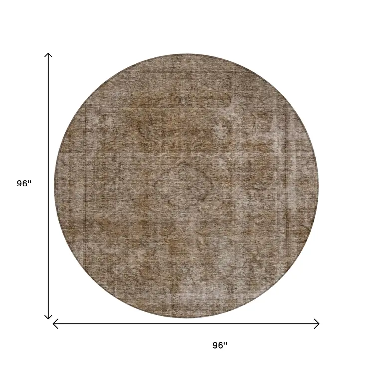 8' Brown And Beige Round Medallion Washable Indoor Outdoor Area Rug