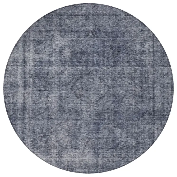 8' Blue And Gray Round Medallion Washable Indoor Outdoor Area Rug