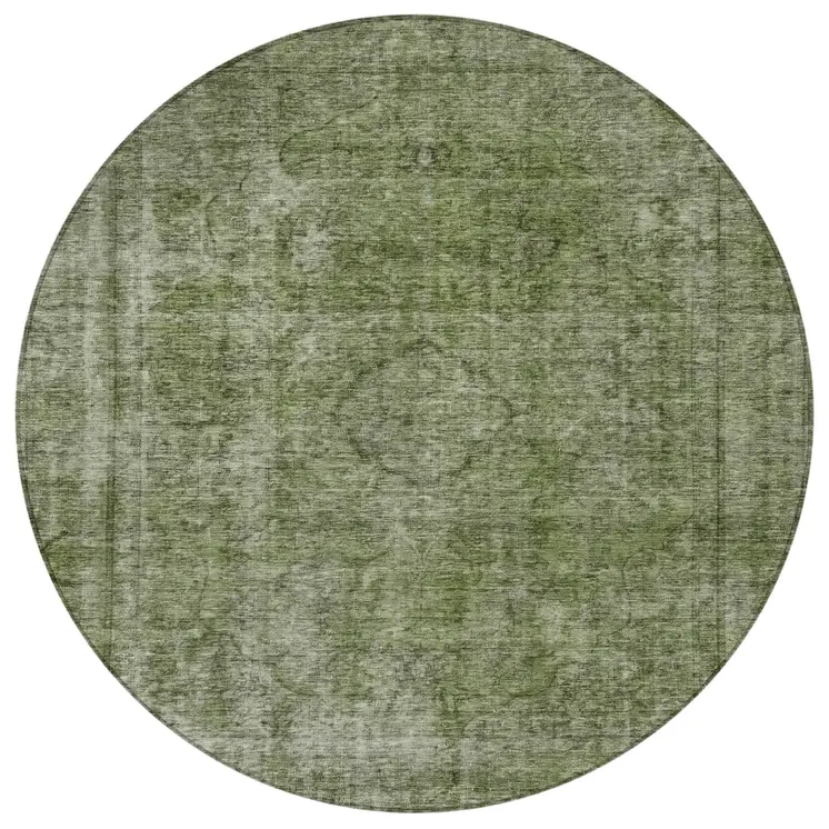 8' Green And Silver Round Medallion Washable Indoor Outdoor Area Rug