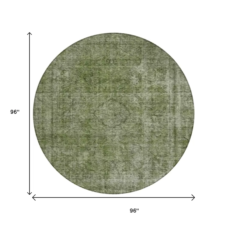 8' Green And Silver Round Medallion Washable Indoor Outdoor Area Rug