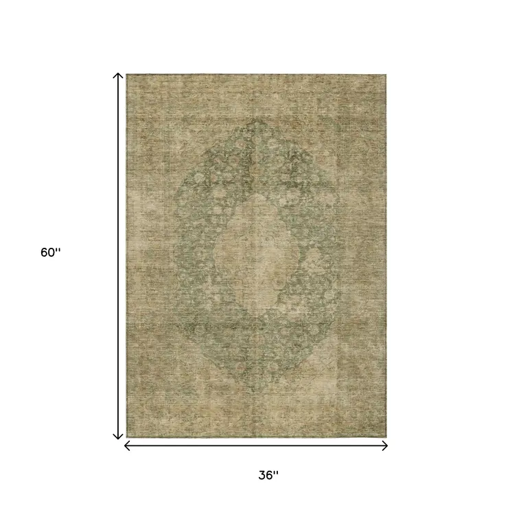 3' X 5' Artichoke Green And Beige Medallion Washable Indoor Outdoor Area Rug