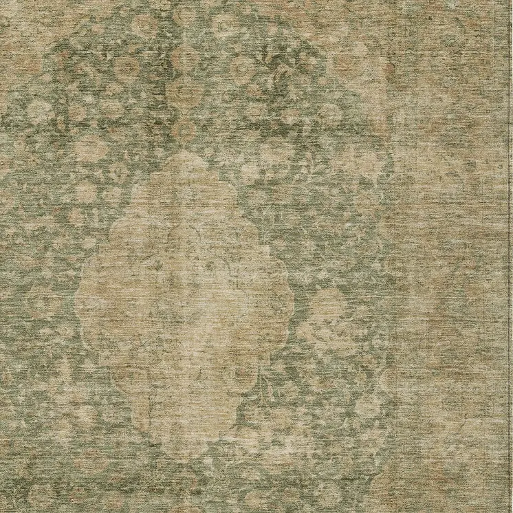5' X 8' Artichoke Green And Beige Medallion Washable Indoor Outdoor Area Rug
