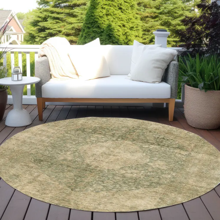 8' Artichoke Green And Beige Round Medallion Washable Indoor Outdoor Area Rug