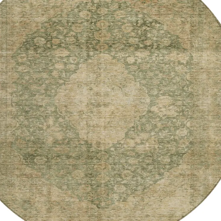 8' Artichoke Green And Beige Round Medallion Washable Indoor Outdoor Area Rug