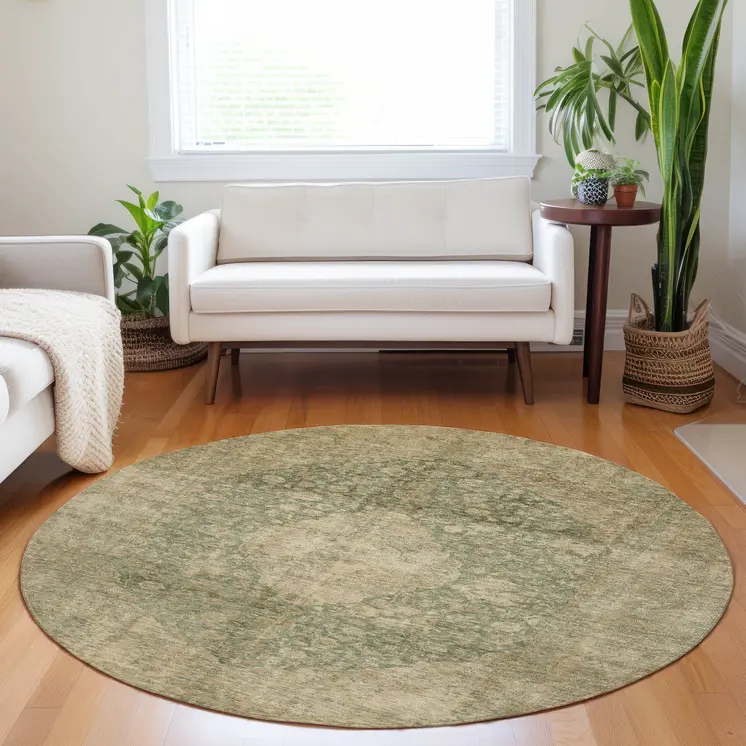 8' Artichoke Green And Beige Round Medallion Washable Indoor Outdoor Area Rug