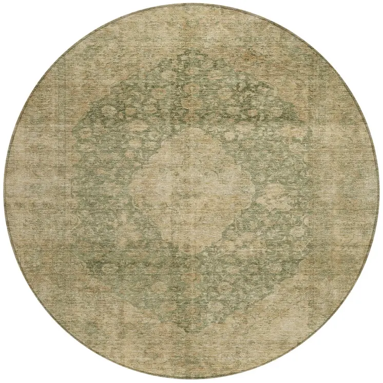 8' Artichoke Green And Beige Round Medallion Washable Indoor Outdoor Area Rug