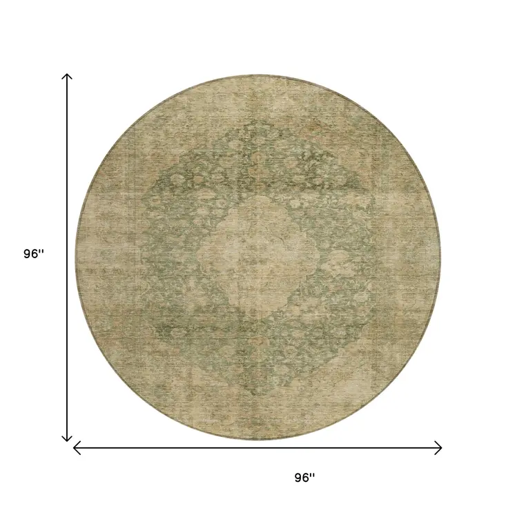 8' Artichoke Green And Beige Round Medallion Washable Indoor Outdoor Area Rug