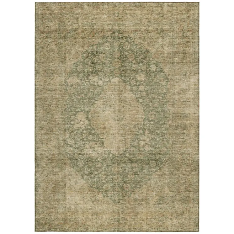 9' X 12' Artichoke Green And Beige Medallion Washable Indoor Outdoor Area Rug