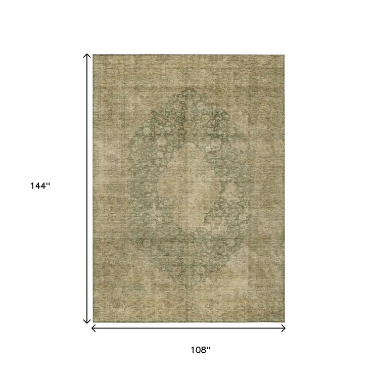 9' X 12' Artichoke Green And Beige Medallion Washable Indoor Outdoor Area Rug