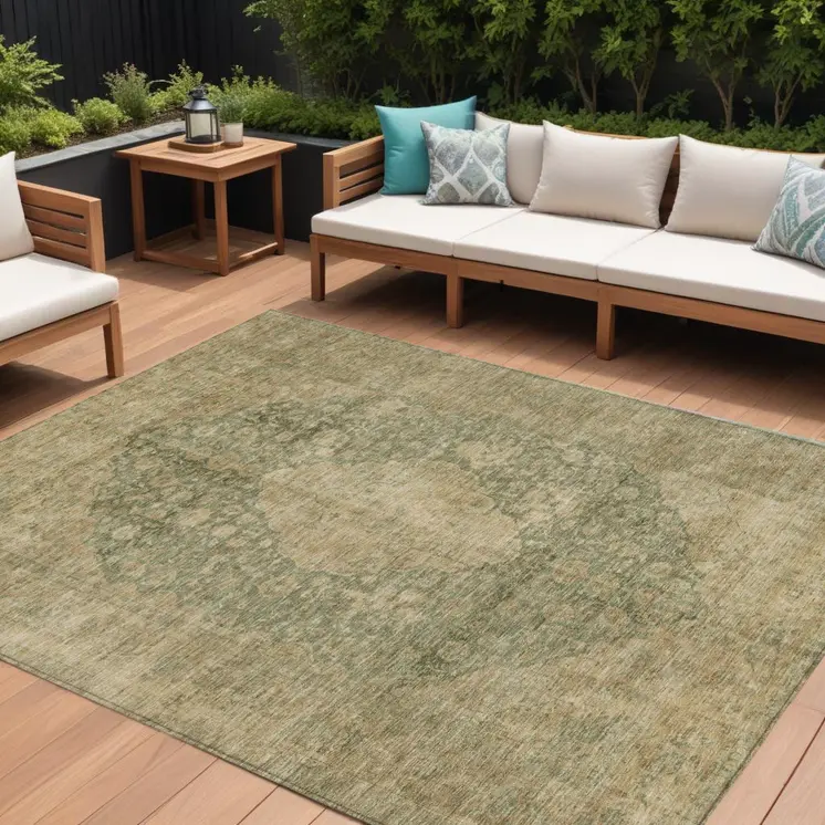 9' X 12' Artichoke Green And Beige Medallion Washable Indoor Outdoor Area Rug