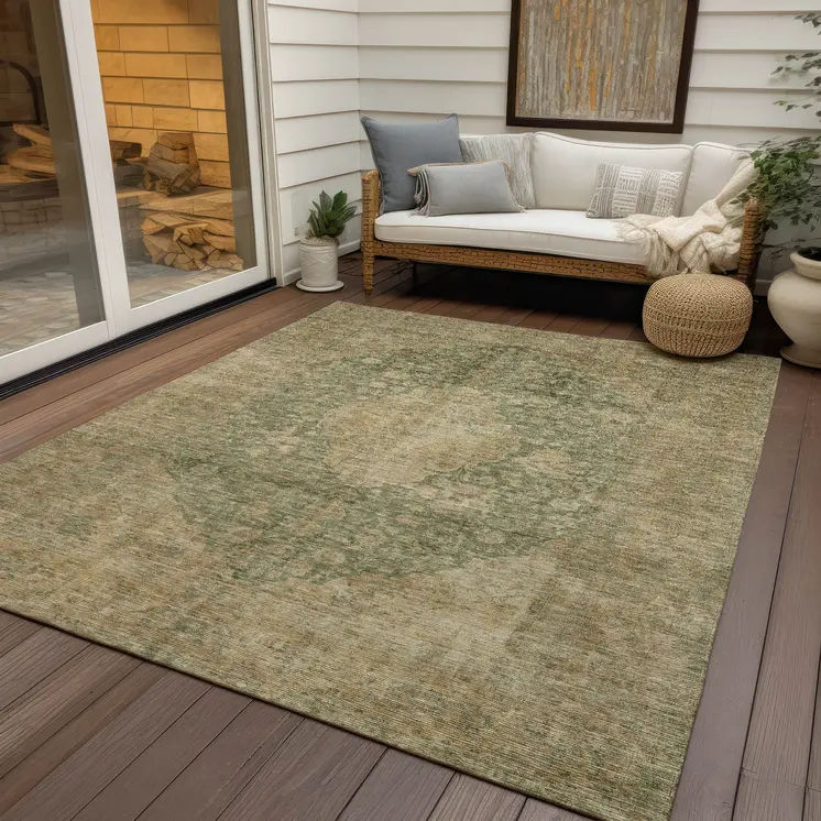 9' X 12' Artichoke Green And Beige Medallion Washable Indoor Outdoor Area Rug