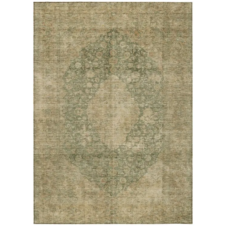 9' X 12' Artichoke Green And Beige Medallion Washable Indoor Outdoor Area Rug