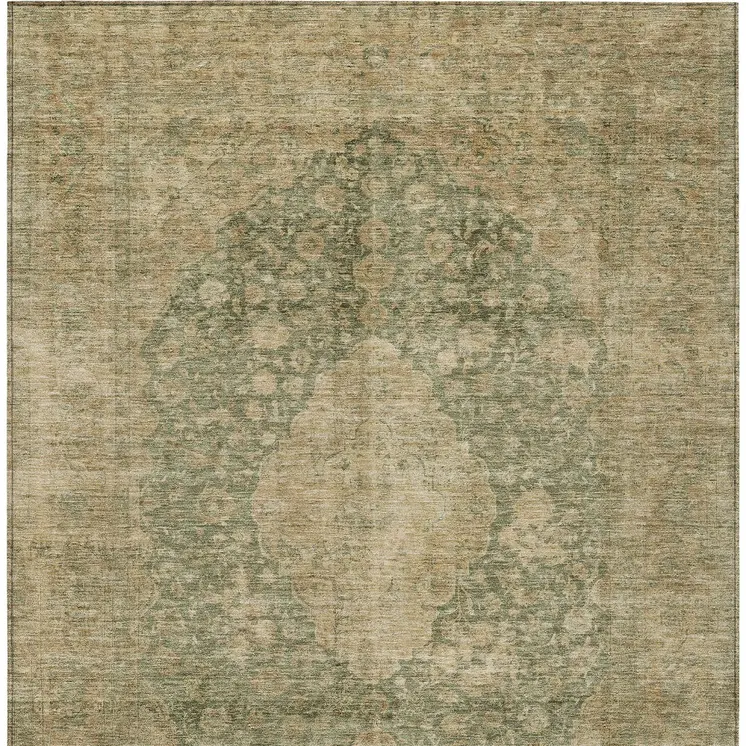 10' X 14' Artichoke Green And Beige Medallion Washable Indoor Outdoor Area Rug