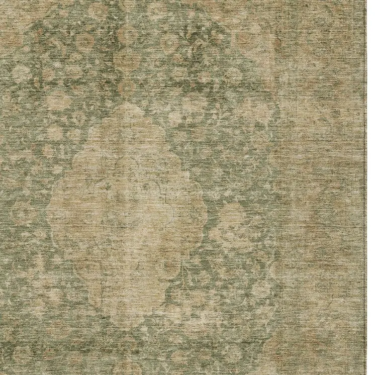 10' X 14' Artichoke Green And Beige Medallion Washable Indoor Outdoor Area Rug