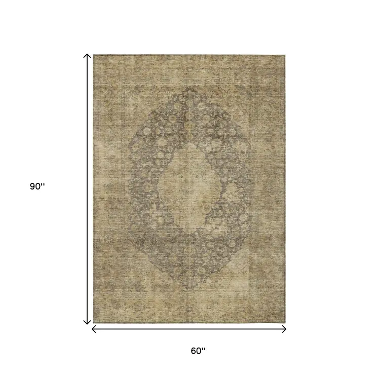5' X 8' Brown And Beige Medallion Washable Indoor Outdoor Area Rug