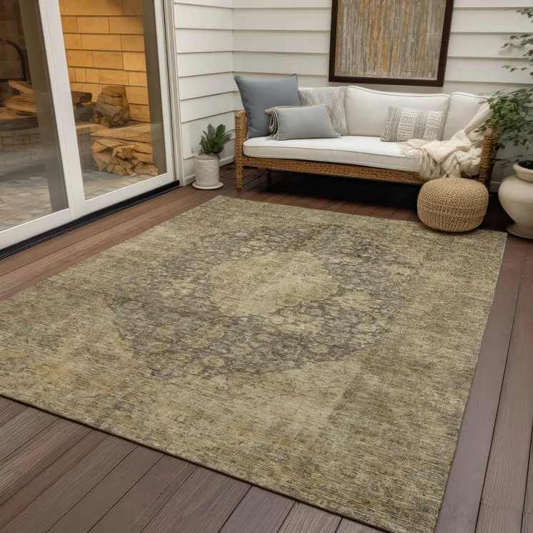 5' X 8' Brown And Beige Medallion Washable Indoor Outdoor Area Rug