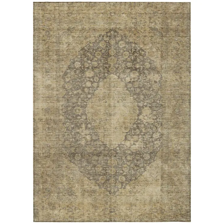 5' X 8' Brown And Beige Medallion Washable Indoor Outdoor Area Rug