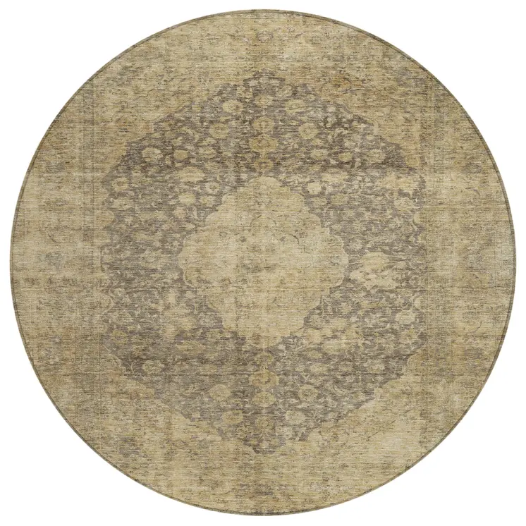 8' Brown And Beige Round Medallion Washable Indoor Outdoor Area Rug
