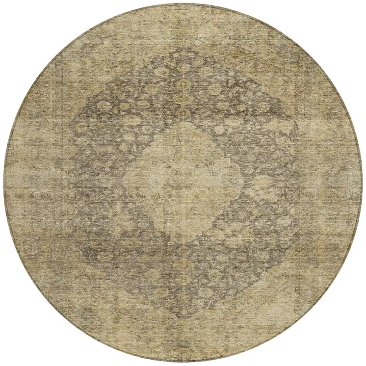 8' Brown And Beige Round Medallion Washable Indoor Outdoor Area Rug