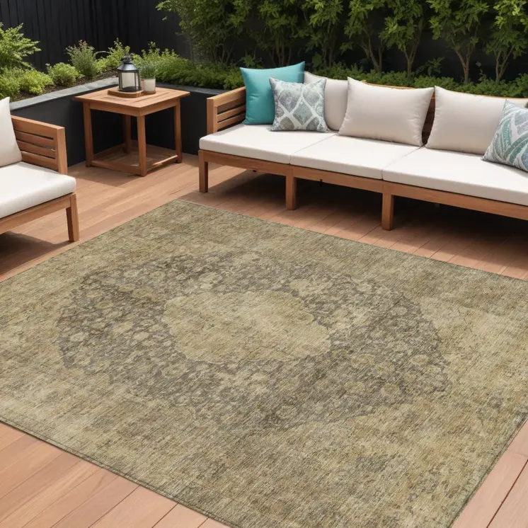 8' X 10' Brown And Beige Medallion Washable Indoor Outdoor Area Rug
