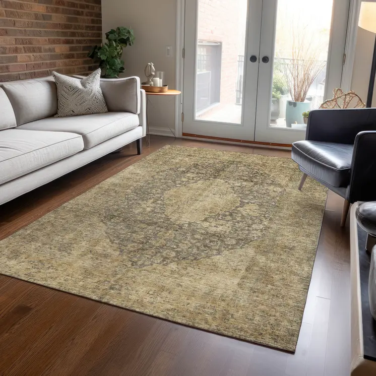 8' X 10' Brown And Beige Medallion Washable Indoor Outdoor Area Rug