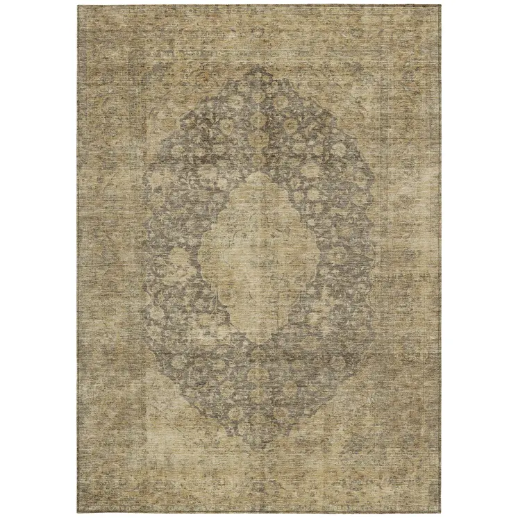 9' X 12' Brown And Beige Medallion Washable Indoor Outdoor Area Rug