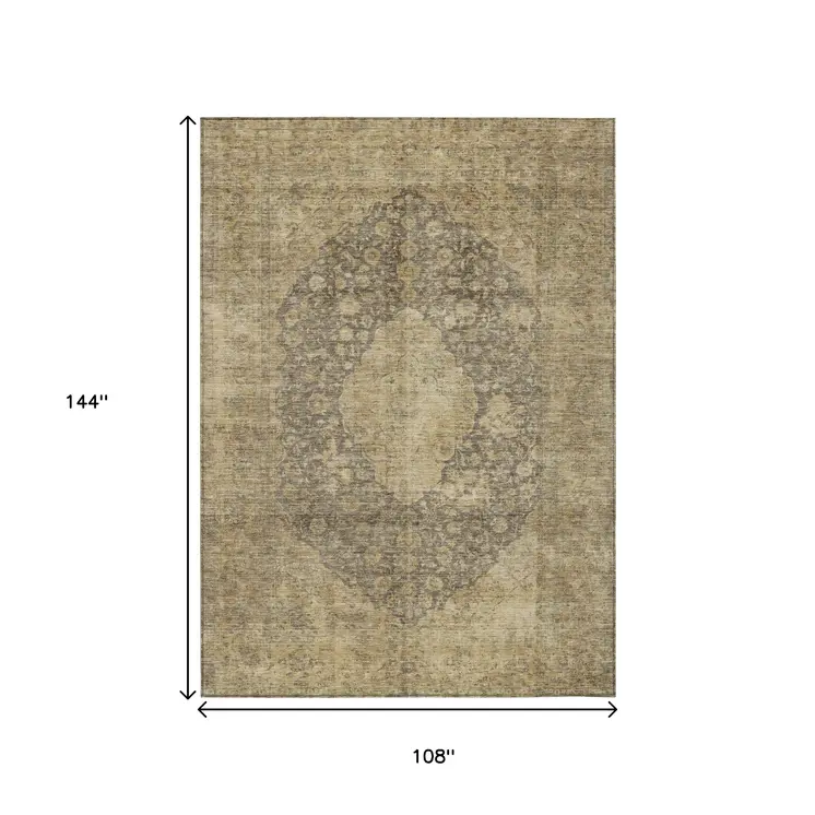 9' X 12' Brown And Beige Medallion Washable Indoor Outdoor Area Rug