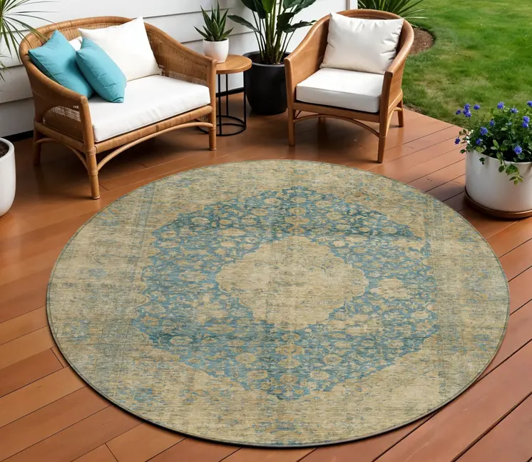 8' Blue And Beige Round Medallion Washable Indoor Outdoor Area Rug