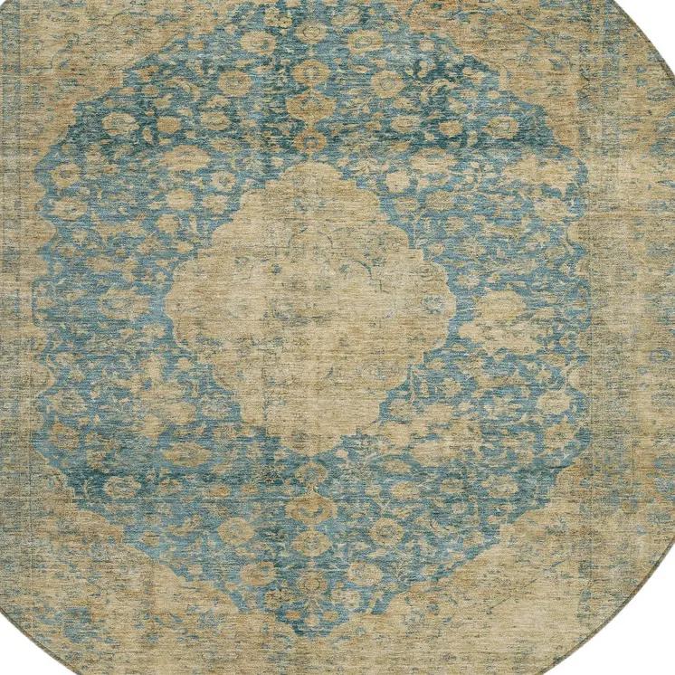 8' Blue And Beige Round Medallion Washable Indoor Outdoor Area Rug